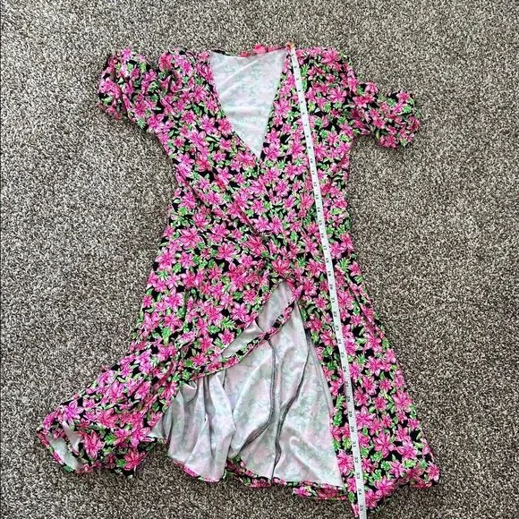 Lilly Pulitzer Kessler Lil Lilly Onyx Pink Green Floral Ruffle Wrap Dress XS - Picture 9 of 11